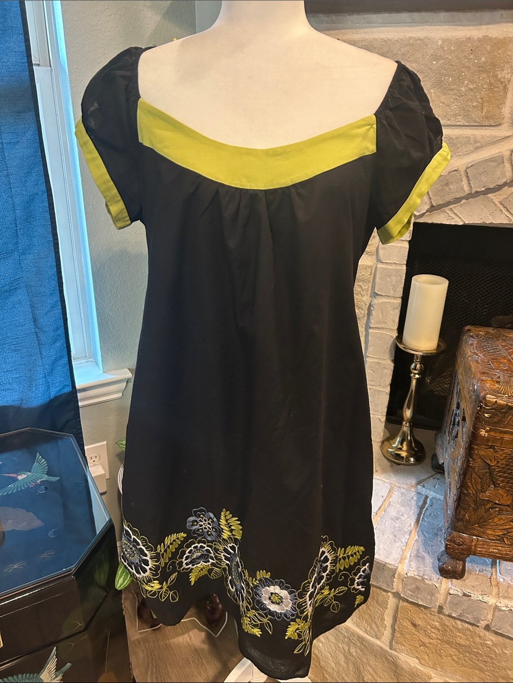 Signature by Robbie Bee Black Mini Dress with Lime Green Accents and Floral Hem